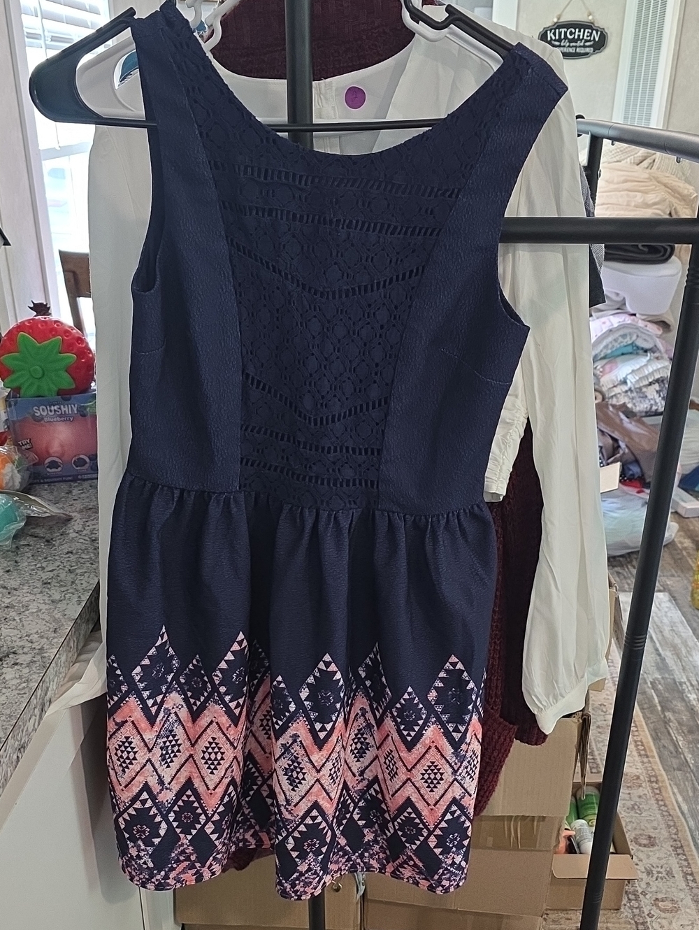 Women’s Navy Floral Lace Fit & Flare Dress with Pink Pattern